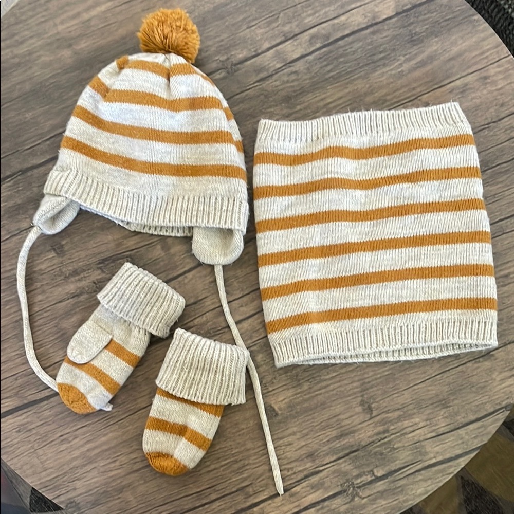 Striped Knit Hat, Scarf, and Mittens Set for Kids